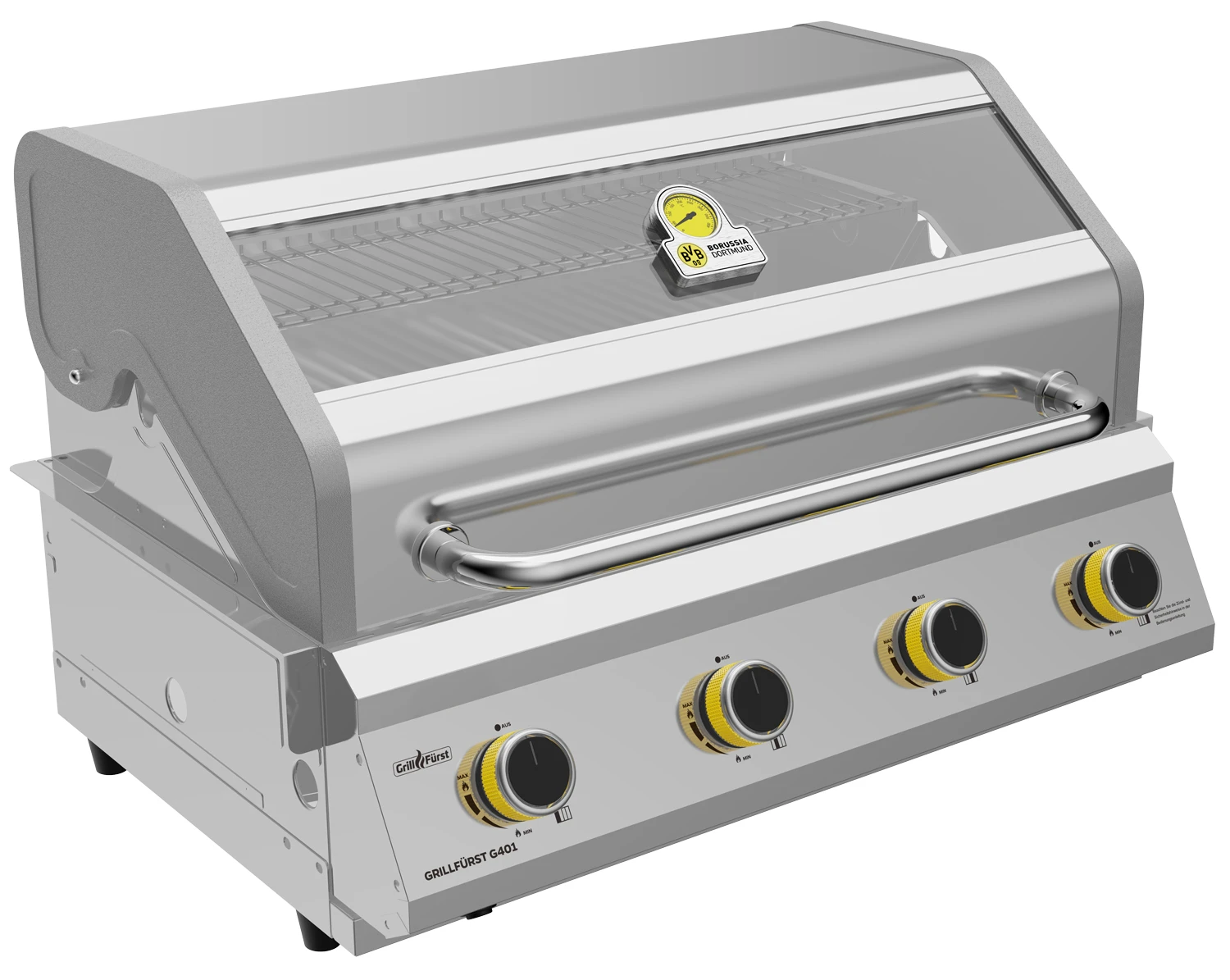 Grillfürst G401G Borussia Dortmund Edition 4-Brenner Edelstahl - Einbaugrill Mit Gusseisen Rosten 2 Grillfürst G401G Borussia Dortmund Edition 4-Brenner Edelstahl - Einbaugrill Mit Gusseisen Rosten – Bild 2